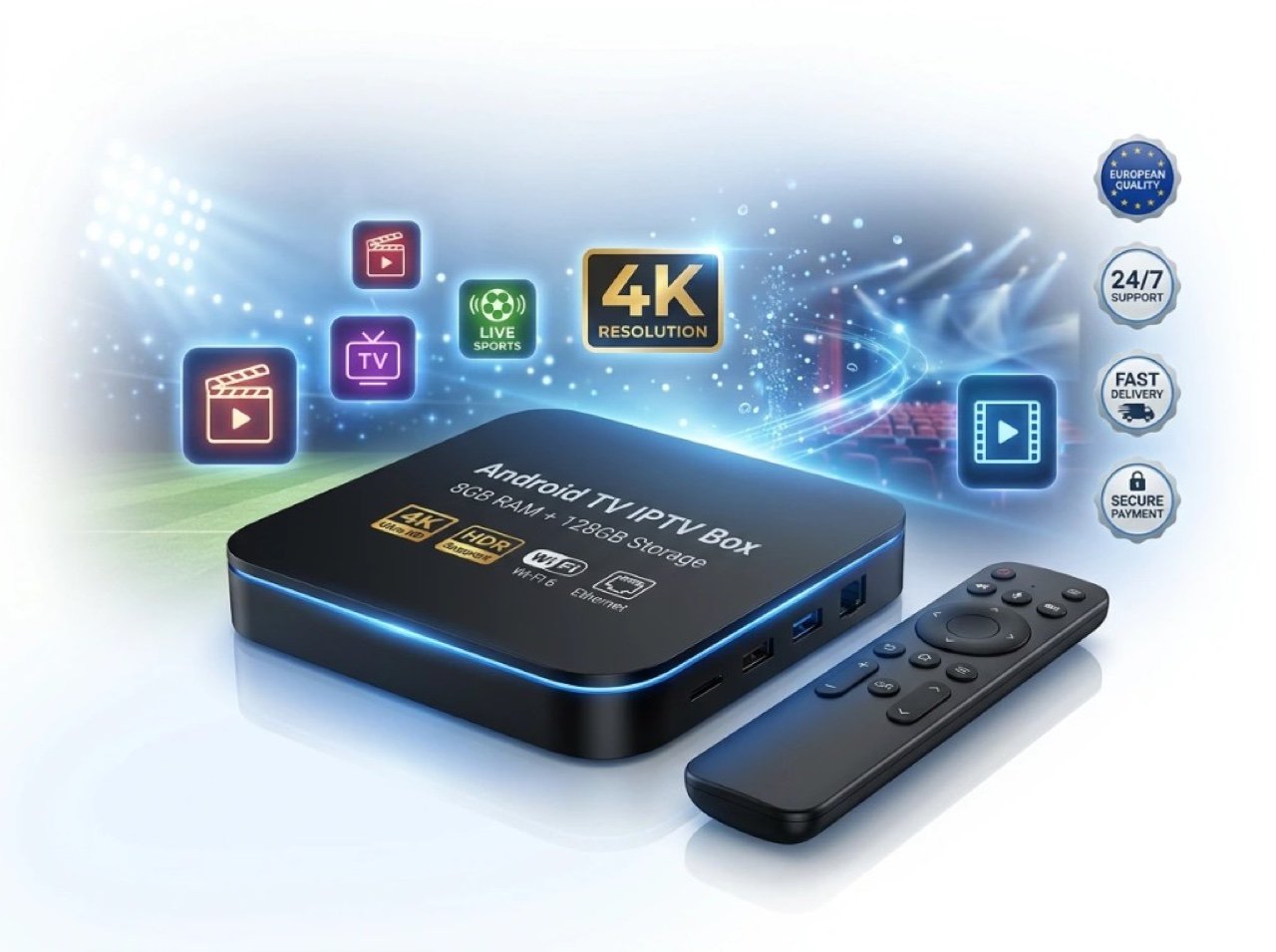 IPTV USA Premium Android TV Box 4K with 8 GB RAM, 128 GB storage, and included remote
